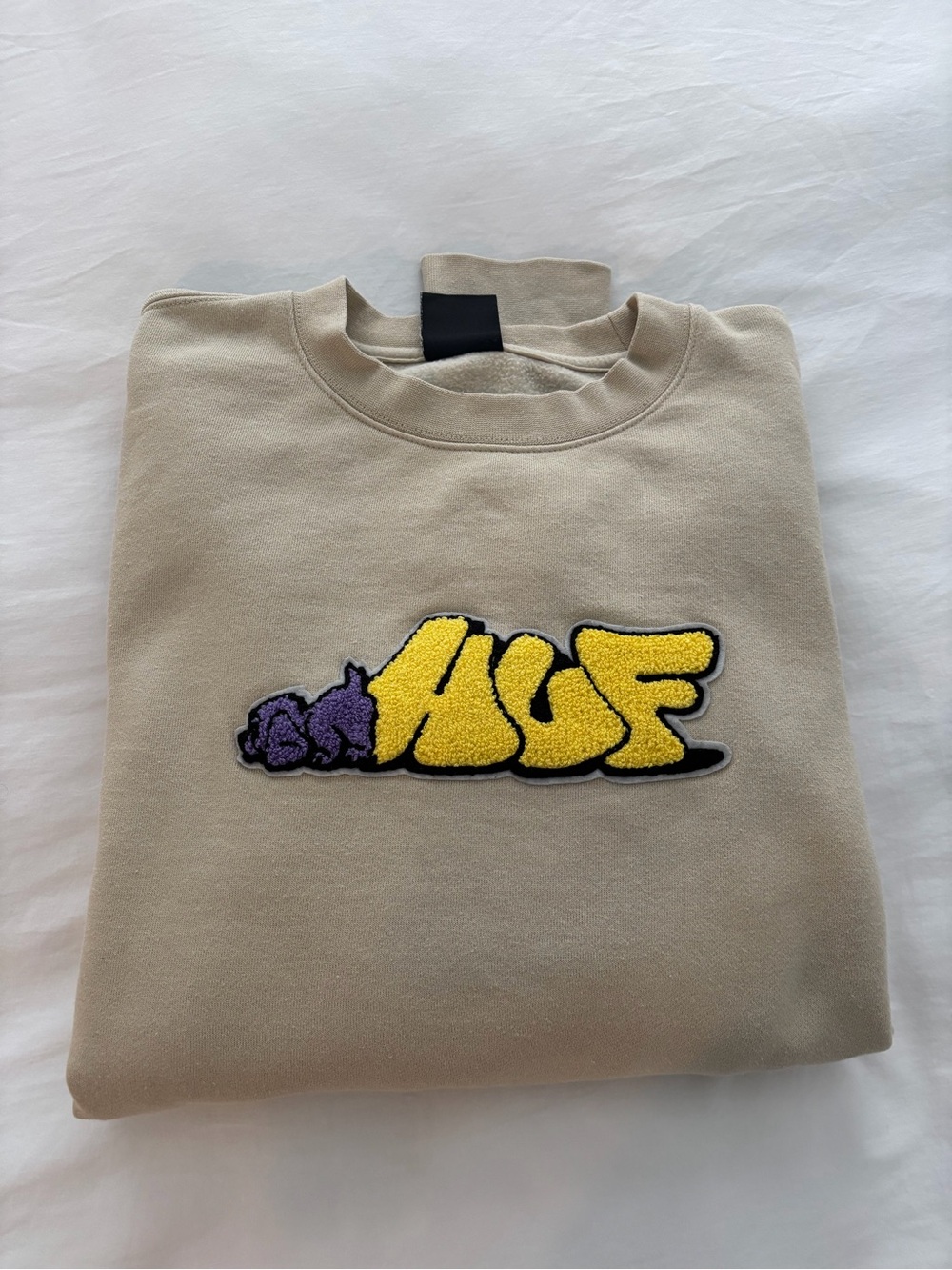 Huf Men's Beige Crewneck Sweatshirt with Yellow & Purple Patch